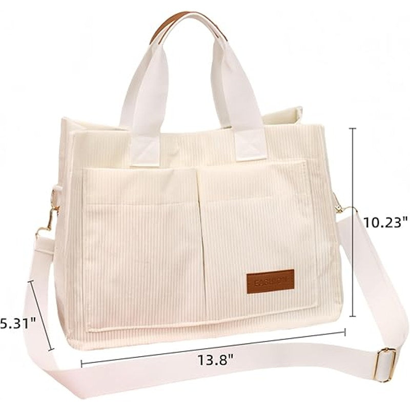 White Cute Corduroy Tote Bag for Women Satchel Handbag Hobo w/ Pockets Tote Bag