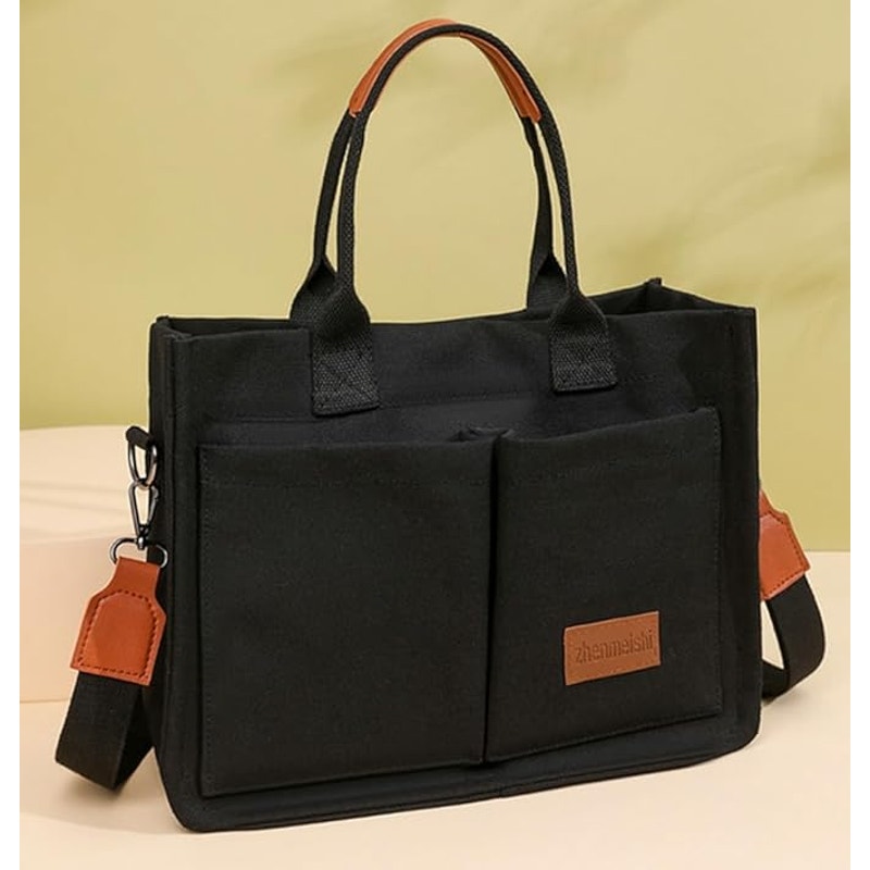 Canvas Tote Handbags Women Shoulder Casual Work Office Bags Multi-pocket Black