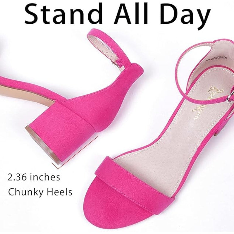 GENSHUO Women's Low Block Heels Sandal Comfort Dress Shoes Hot Pink Suede