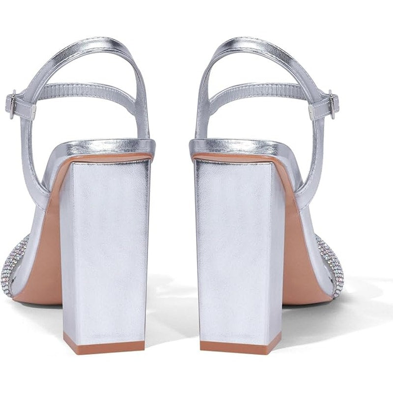 Elisabet Tang Rhinestone Ankle Strap Silver Block Heels Square Sandal Shoe