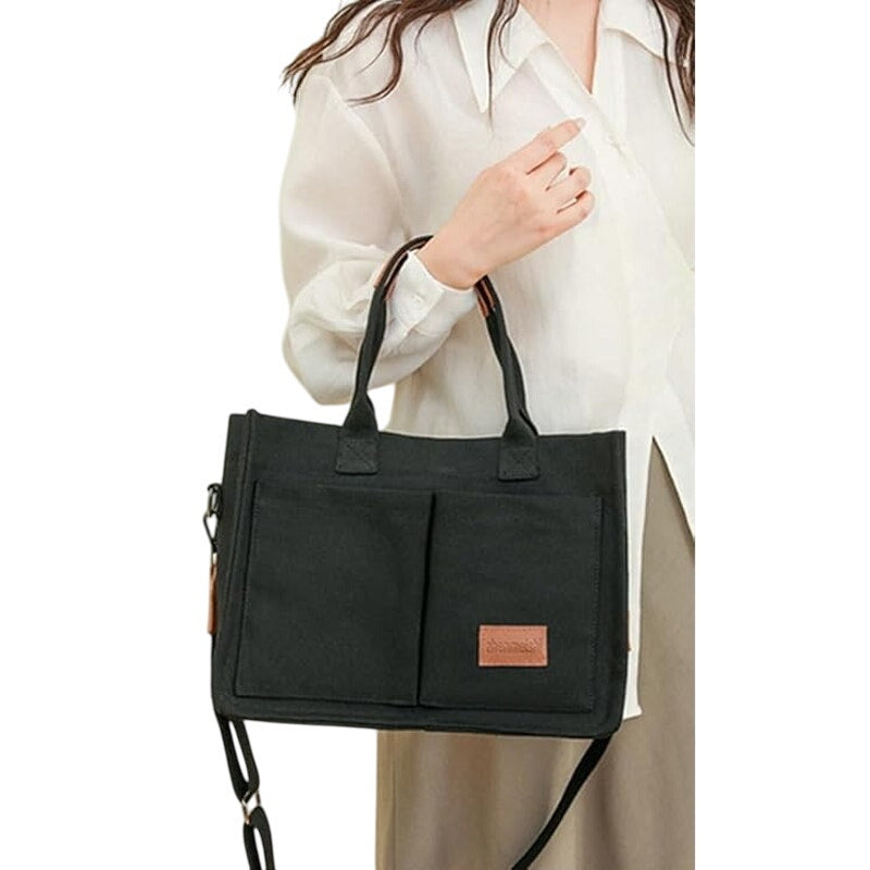 Canvas Tote Handbags Women Shoulder Casual Work Office Bags Multi-pocket Black