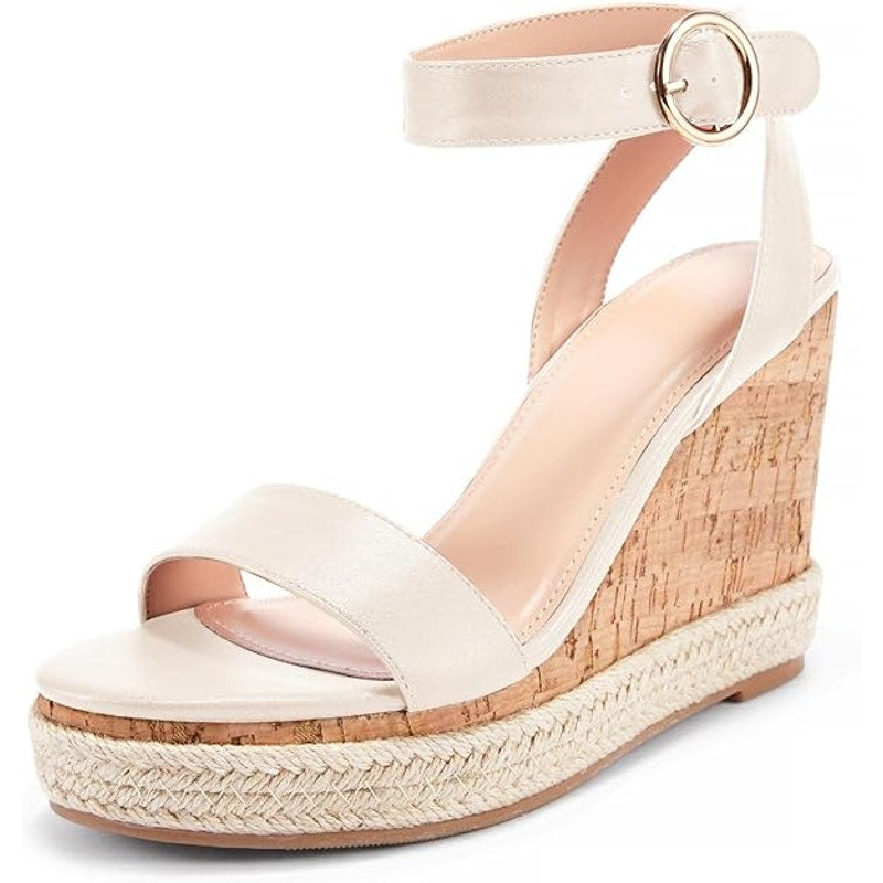 Liyuandia Women's Espadrille Cork Platform Wedge Sandal Ankle Strap Beige