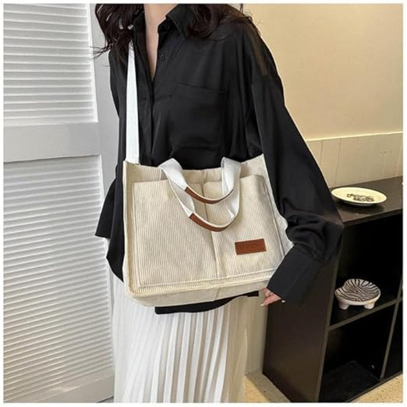 White Cute Corduroy Tote Bag for Women Satchel Handbag Hobo w/ Pockets Tote Bag