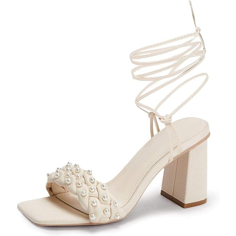 Coutgo Women's Pearl Strappy Heels Sandals Braided Lace Up Chunky Heel Cream 8.5