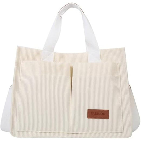 Bundle of 5 White Cute Corduroy Tote Bag Women Satchel Handbag Hobo w/ Pockets