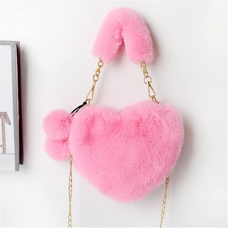 Soft Warm Faux Fur Fuzzy Crossbody Bag Heart Shape Plush Purse Women Wallets