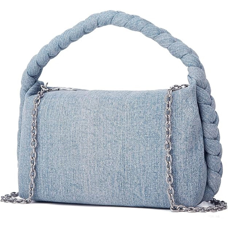 Women Denim Purse Vintage Jean Purse Woven Top Handle Lightweight Designer Chain