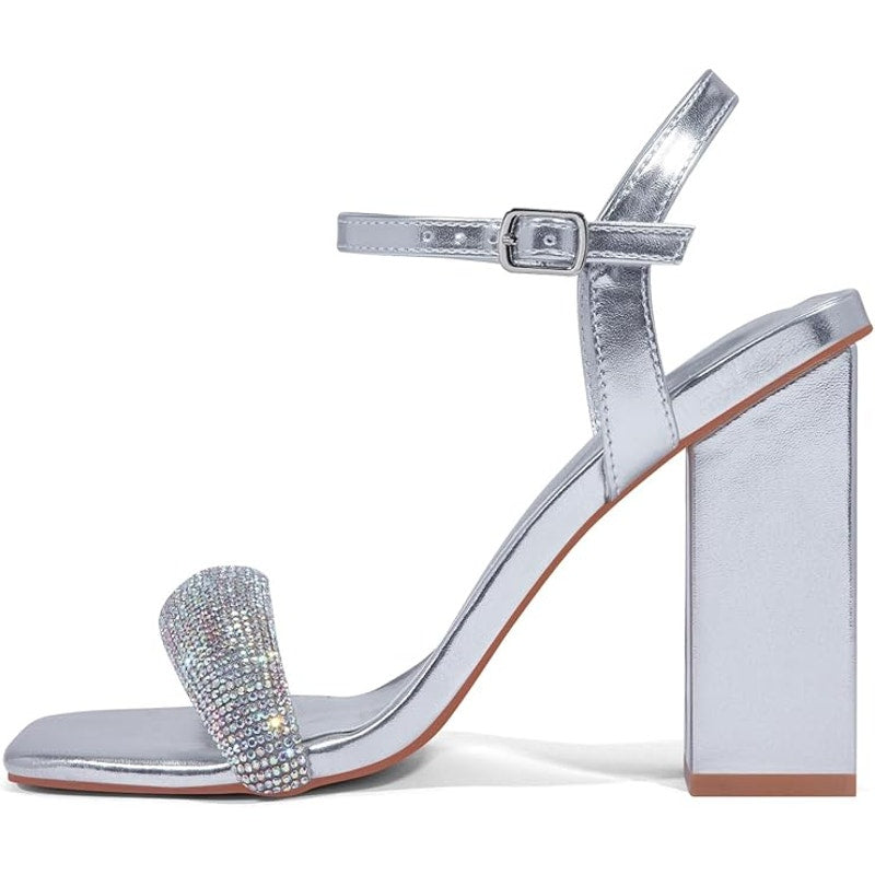 Elisabet Tang Rhinestone Ankle Strap Silver Block Heels Square Sandal Shoe