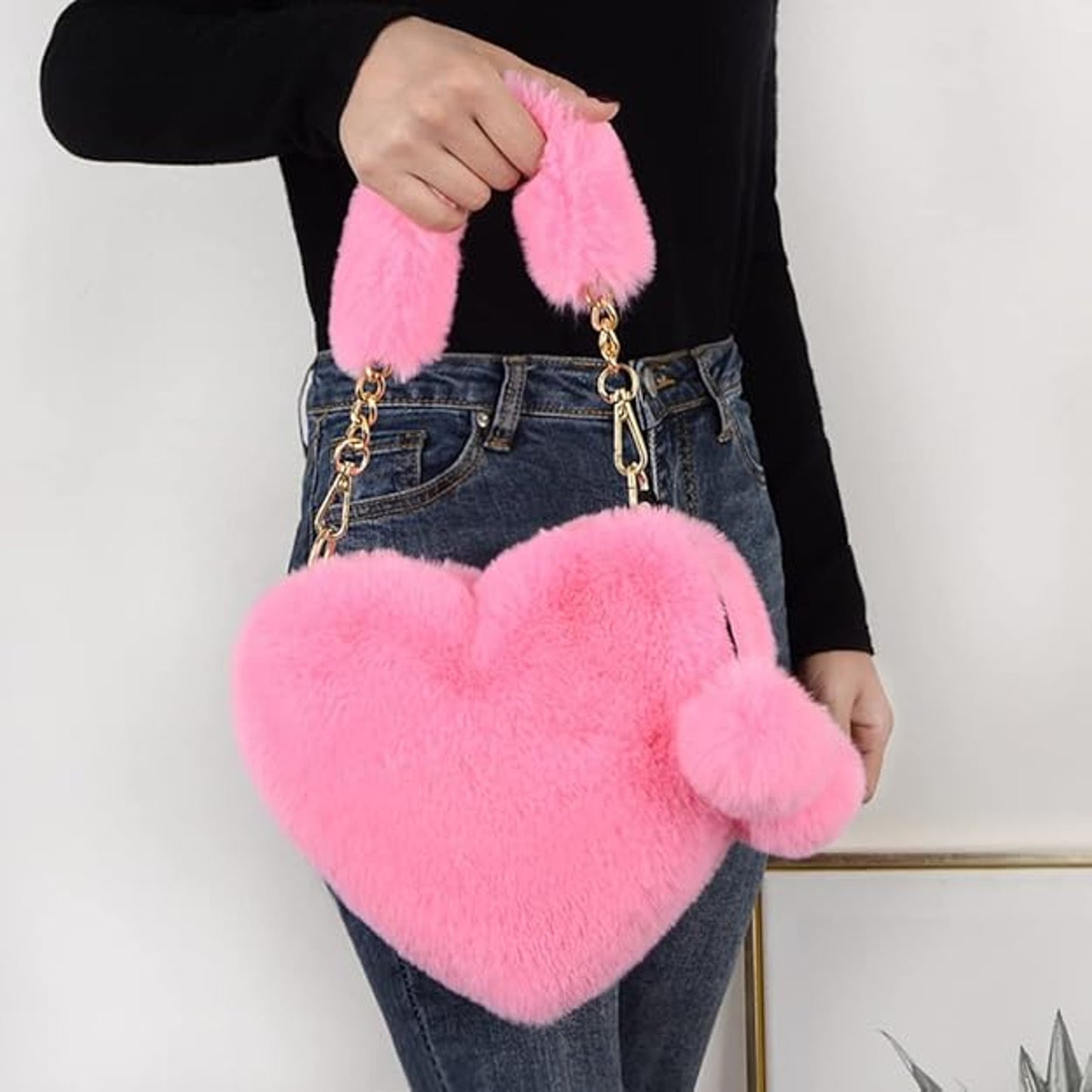 Bundle of 5 Valentine Soft Faux Fur Fuzzy Crossbody Bag Heart Shape Plush Purse