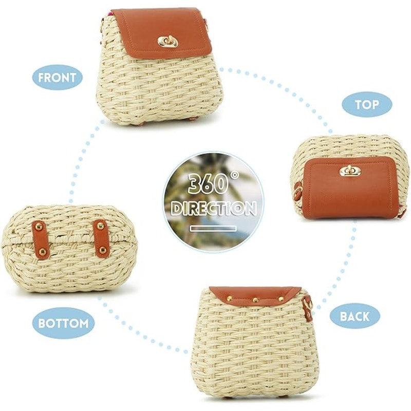 Woven Bag Straw Mini Clutch Purse Vegan Leather Shoulder Crossbody Small Square