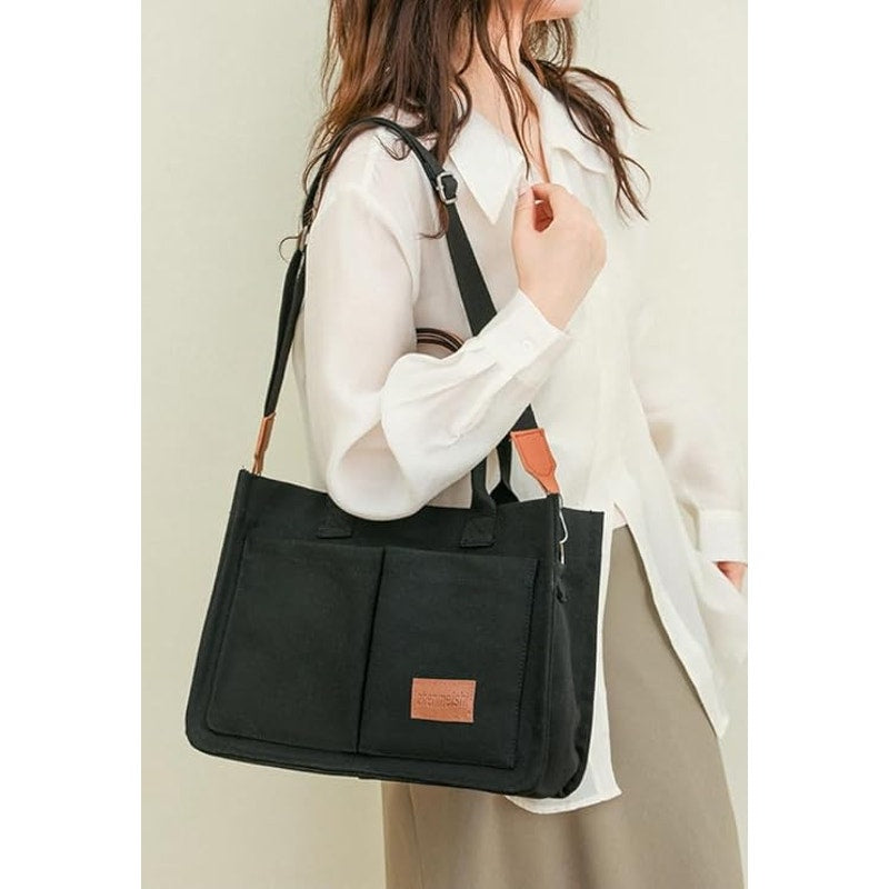 Canvas Tote Handbags Women Shoulder Casual Work Office Bags Multi-pocket Black