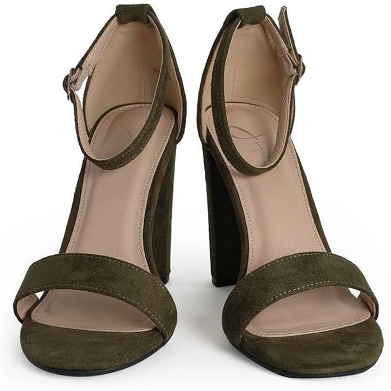 New J. Adams Olive Suede Strappy Block High Heel Simple Classic Pump Shirley