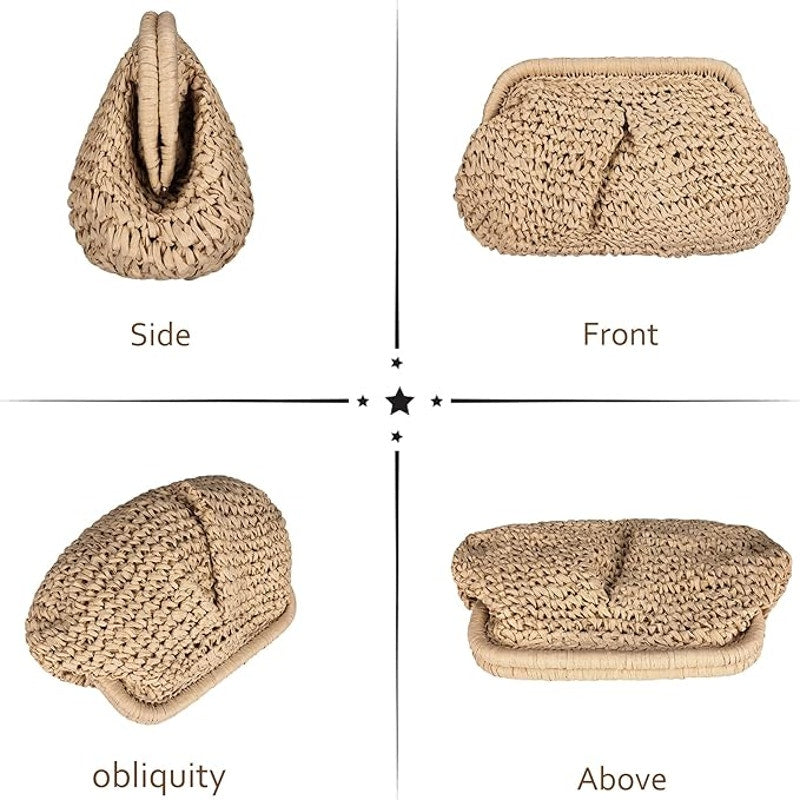 Brown Straw Clutch Handbags Women Woven Dumpling Purse Crossbody Shoulder Bag