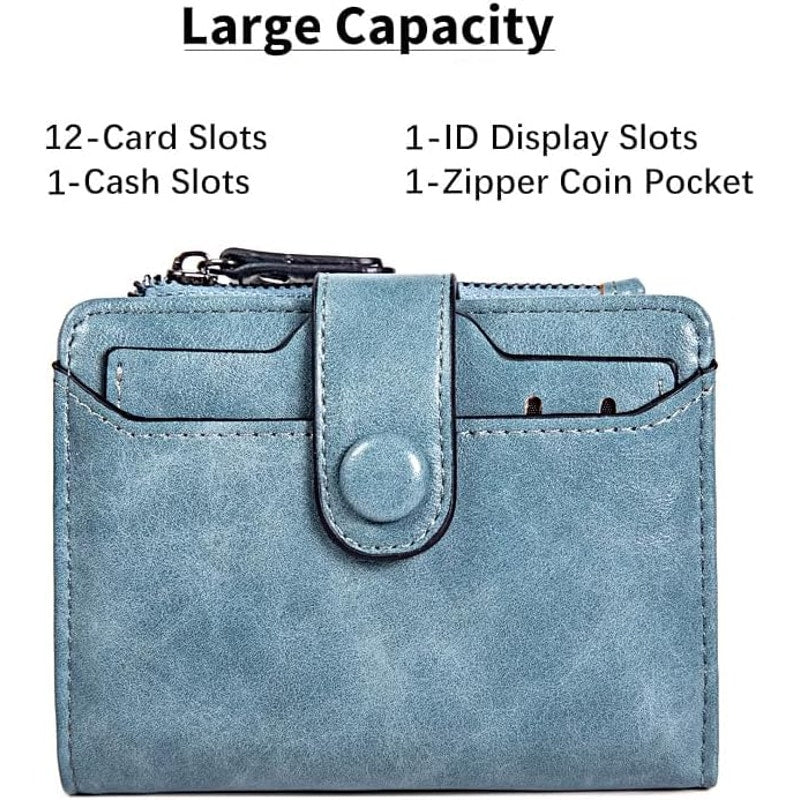 Women's Leather Wallet RFID Blocking Bifold Zipper Coin Pocket ID Window Blue