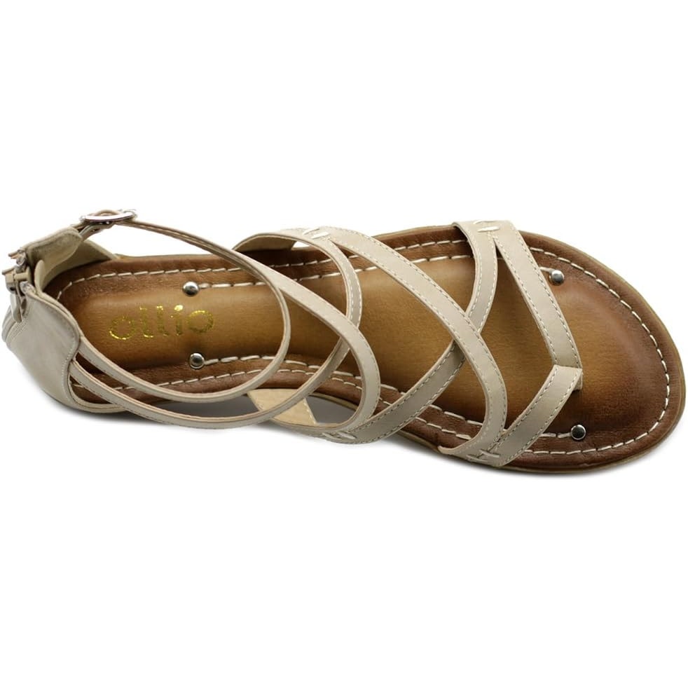 Ollio Women's Shoe Gladiator Strap Flat Zori Sandal Beige Size 6