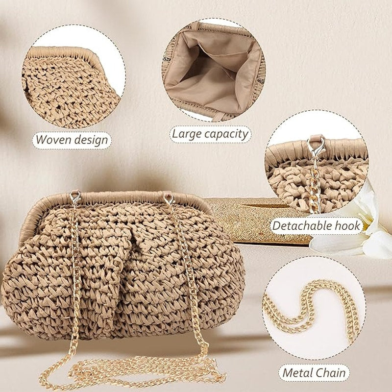 Brown Straw Clutch Handbags Women Woven Dumpling Purse Crossbody Shoulder Bag