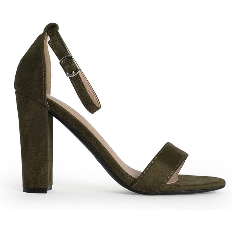 New J. Adams Olive Suede Strappy Block High Heel Simple Classic Pump Shirley