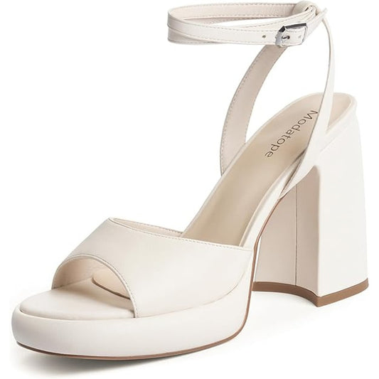 Women's Platform Heels Sandal Chunky Heel Open Round Toe Ankle Strap White