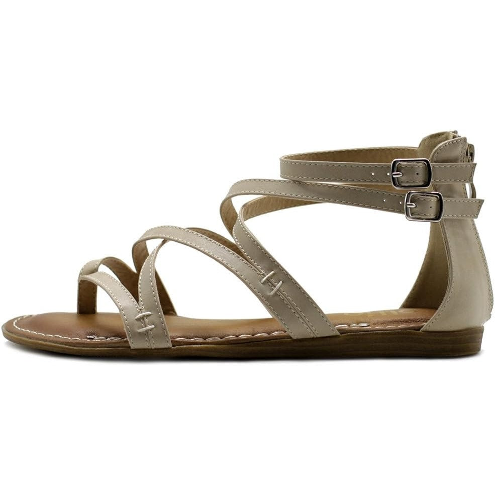 Ollio Women's Shoe Gladiator Strap Flat Zori Sandal Beige Size 6