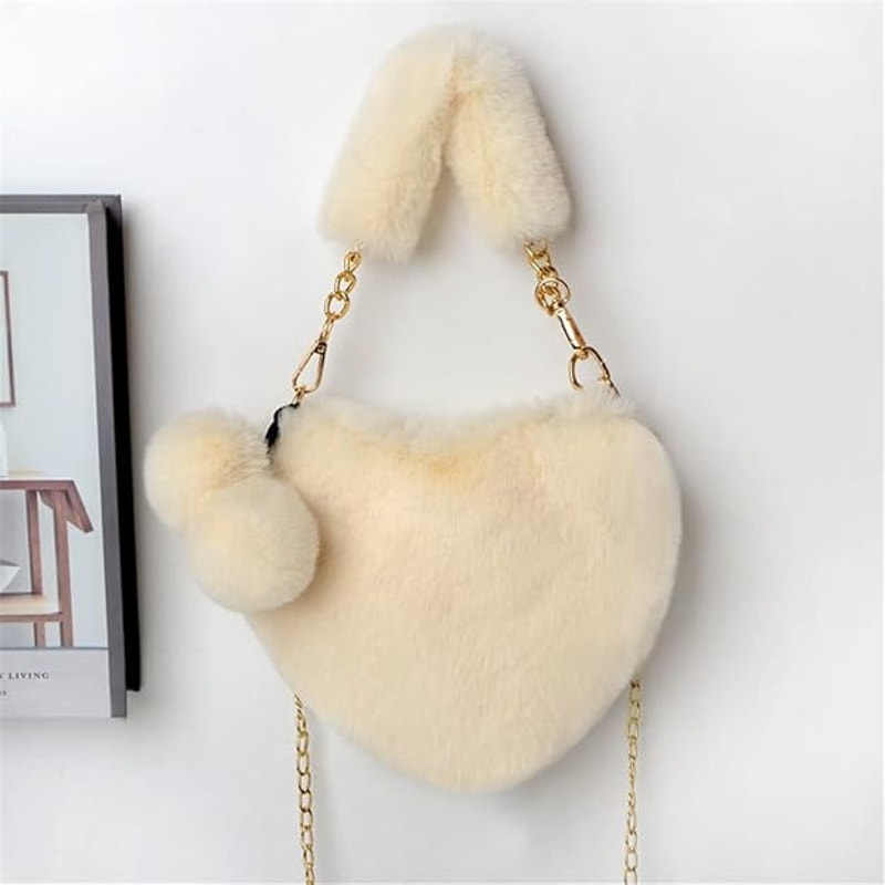 Soft Warm Faux Fur Fuzzy Crossbody Bag Heart Shape Plush Purse Women Wallets