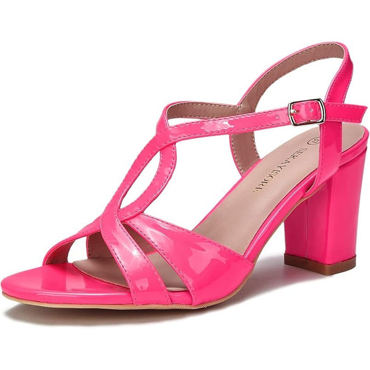 Hot Pink Chunky Heel Cross Strap Sandals for Women Round Toe Pumps Shoes SZ 10.5