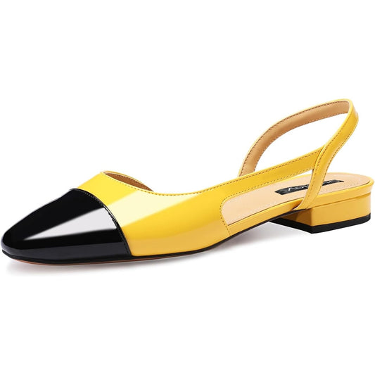 Women Slingback Flat Block Low Heeled Sandals Yellow w/ Black Cap Dress SZ 8.5