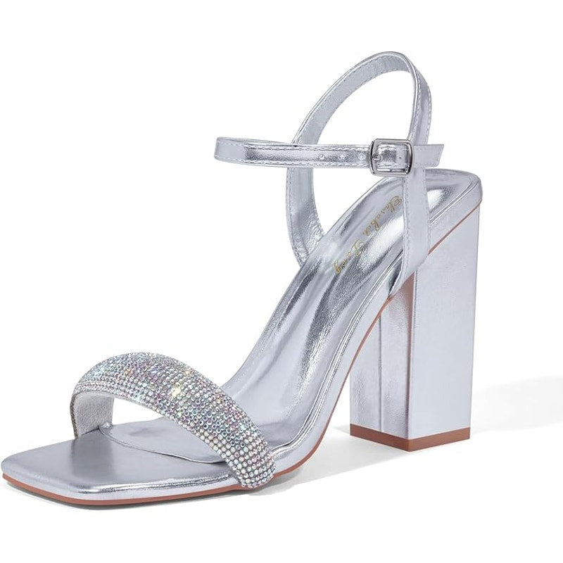 Elisabet Tang Rhinestone Ankle Strap Silver Block Heels Square Sandal Shoe