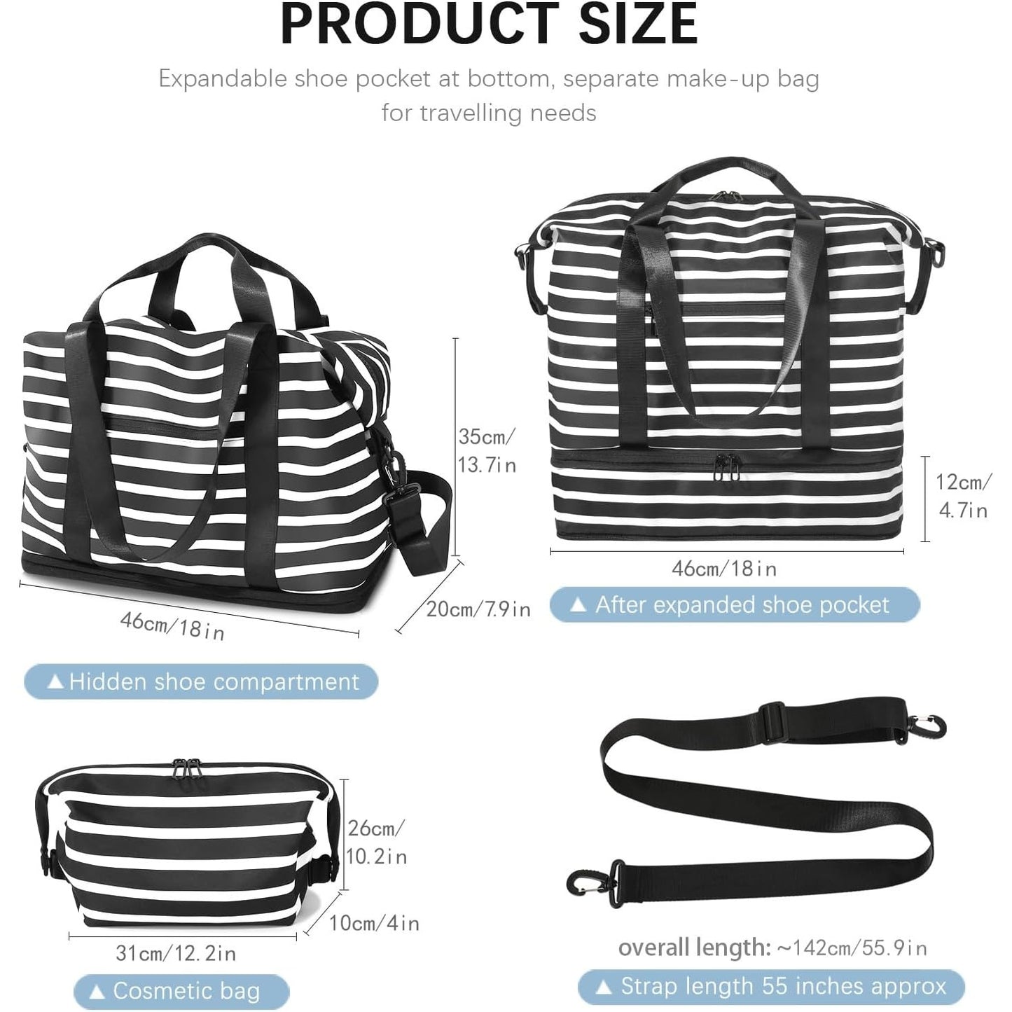 Expandable Weekender Travel Bag w/ Toiletry Bag & Shoe Compartment Duffle Gym