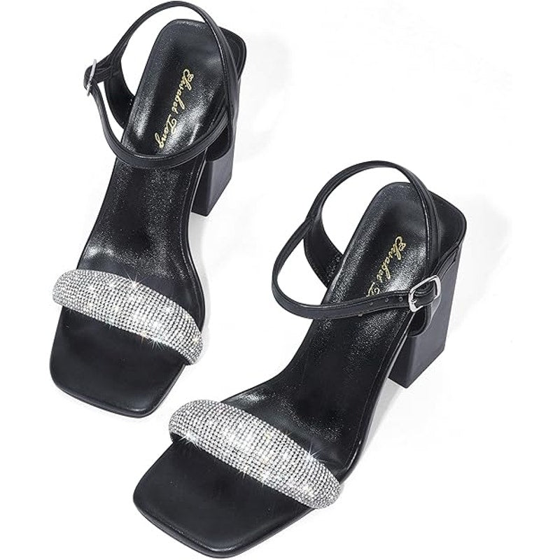 Elisabet Tang Rhinestone Ankle Strap Black Block Heels Square Sandal Shoe