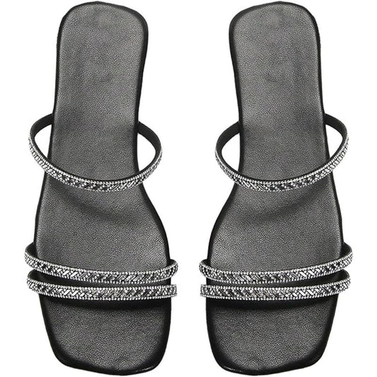 Women's Strappy Sparkling Rhinestone Decor Flats Square Toe Slide Sandal