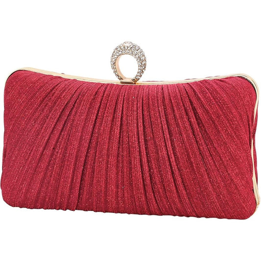 iWISH Women's Red Glitter Clutch Purse Pleated Evening Bag Rhinestone Ring RED