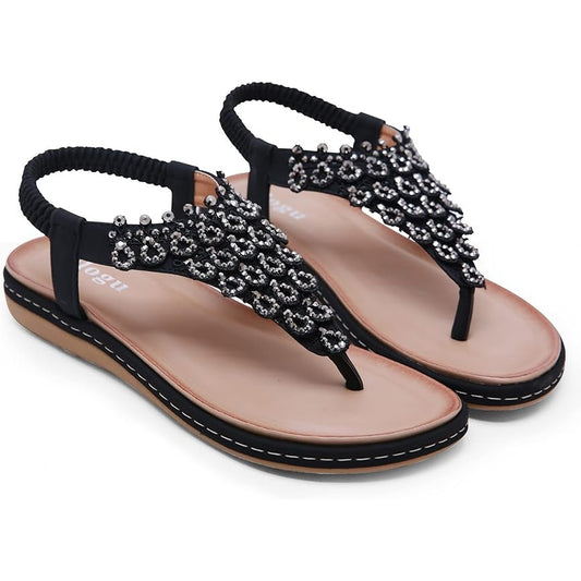 Women's Flat Sandals Casual Comfortable Boho Rhinestone Thong Flip-Flop