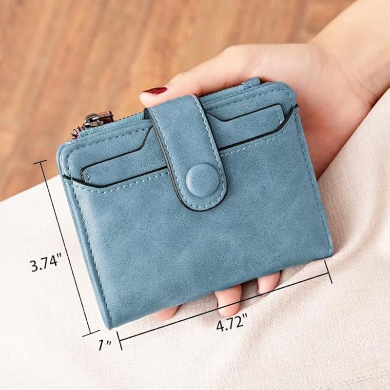 Women's Leather Wallet RFID Blocking Bifold Zipper Coin Pocket ID Window Blue