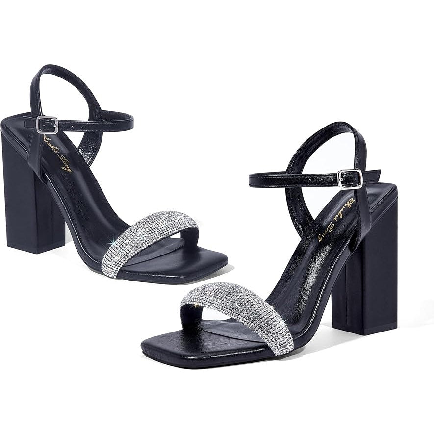 Elisabet Tang Rhinestone Ankle Strap Black Block Heels Square Sandal Shoe