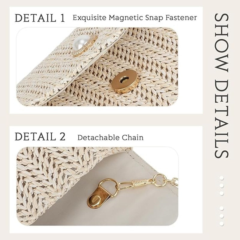 Raffia Straw Clutch Purse Women Pearl Evening Handbag Woven Envelope Shoulder Bg