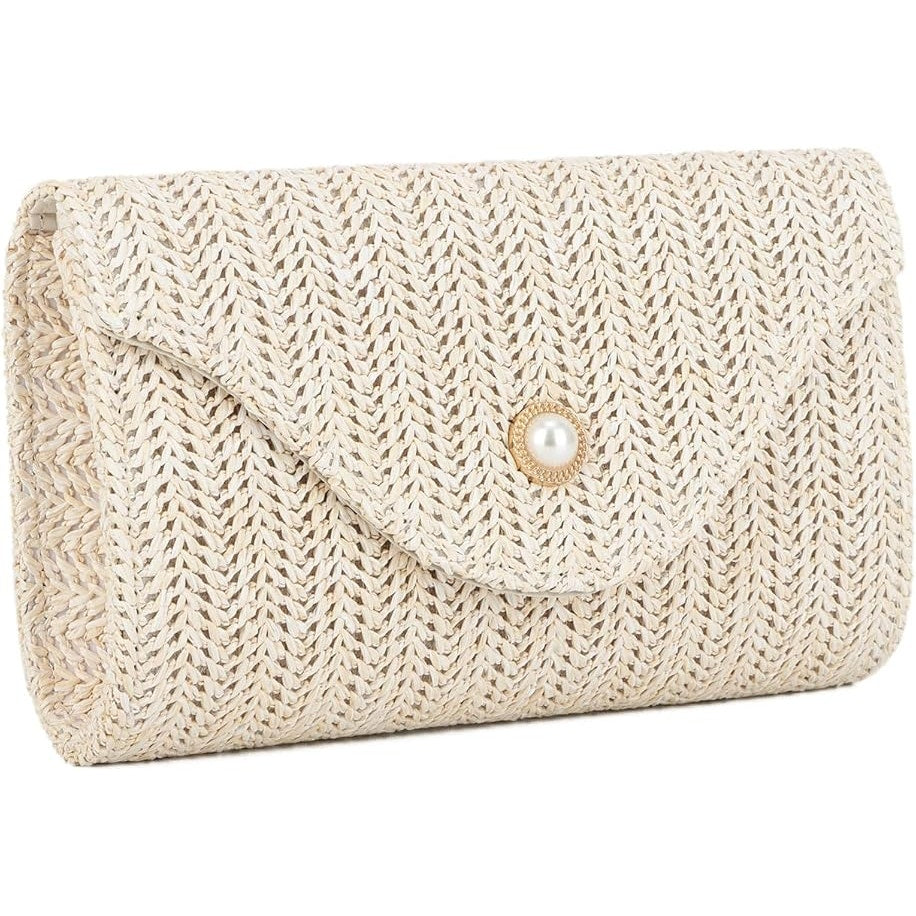 Raffia Straw Clutch Purse Women Pearl Evening Handbag Woven Envelope Shoulder Bg