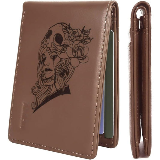 Men's Wallet Leather RFID Blocking Hand Painted Gift Boxed Coffee-Skull Beauty