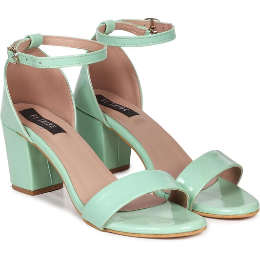 Women's Mint Chunky Block Heels Low Heel Dress Shoe Patent Leather Sandal