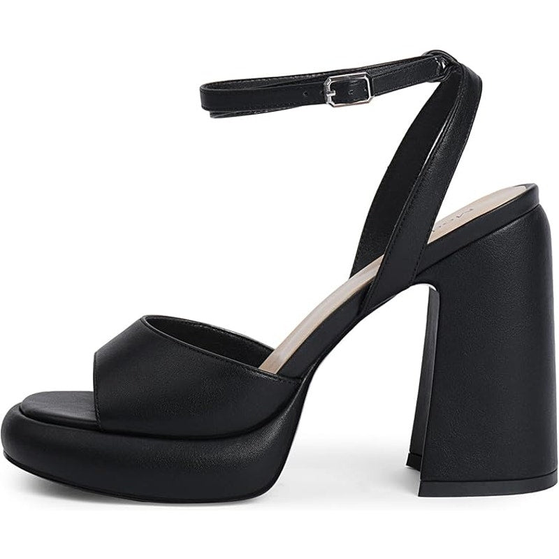 Women's Platform Heels Sandal Chunky Heel, Open Round Toe Ankle Strap Black