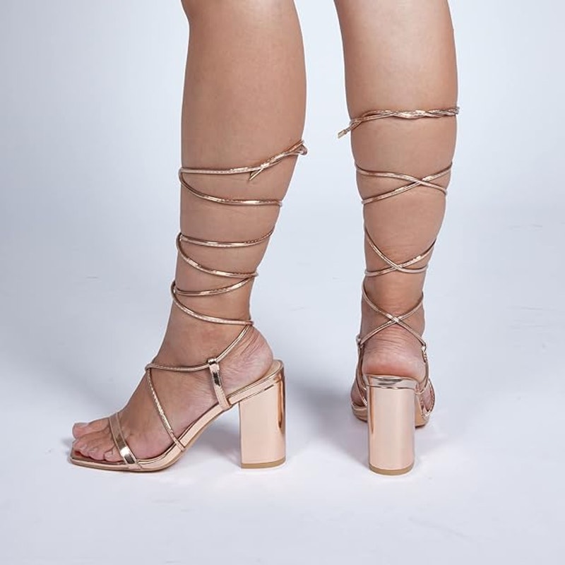 Elisabet Tang Women Lace Up Chunky Heel Sandal 3in Ankle Wrap Strappy Gold