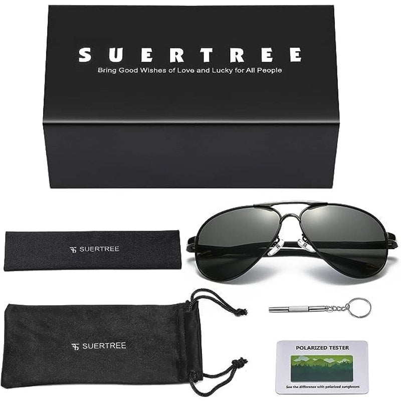 Suertree Classic Aviator Sunglasses Men UV Blocking Polarized Spring Hinges