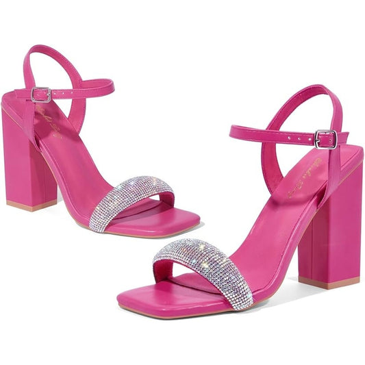 Elisabet Tang Rhinestone Ankle Strap 3.54 in Block Heels Square Sandal Shoe