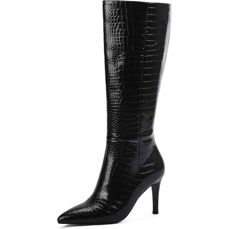 Modatope Knee High Boots Pointed Toe Stiletto Zipper Faux Crocodile Boots SZ 8.5