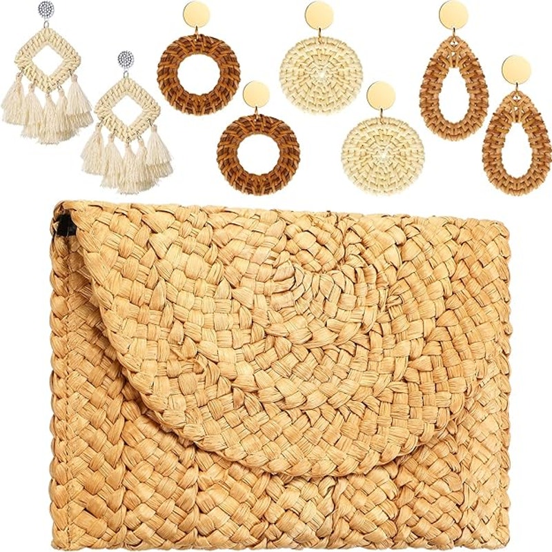 Women's Straw Clutch Purse & 4 Pair Rattan Earring Handbag Envelope Bag Bohemian