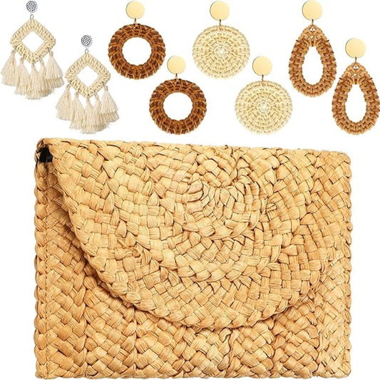 Women's Straw Clutch Purse & 4 Pair Rattan Earring Handbag Envelope Bag Bohemian