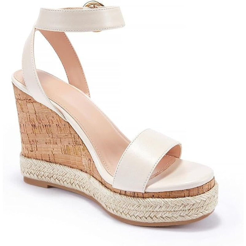 Liyuandia Women's Espadrille Cork Platform Wedge Sandal Ankle Strap Beige