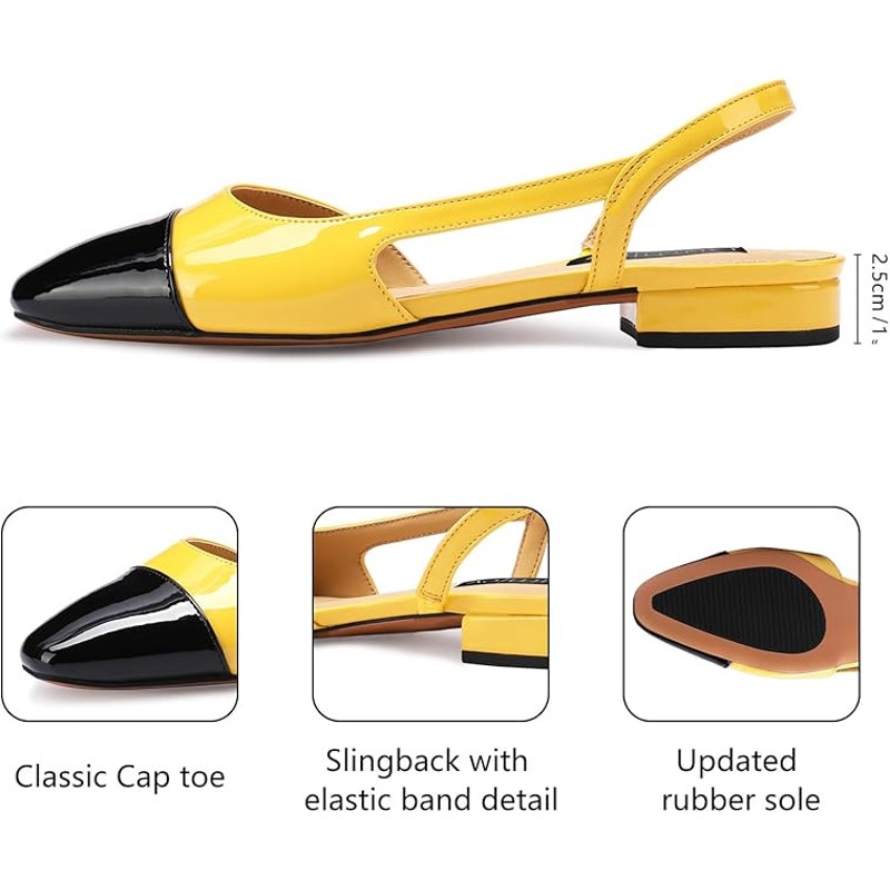 Women Slingback Flat Block Low Heeled Sandals Yellow w/ Black Cap Dress SZ 8.5