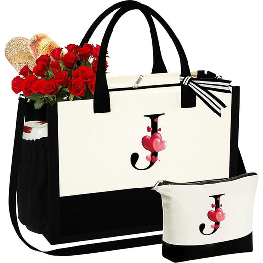 Initial Letter "J" Canvas Tote Bag & Makeup Bag Beach Bag with Many Hearts