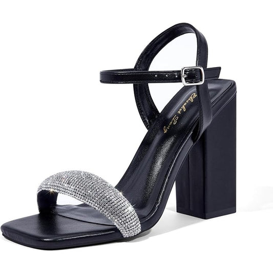 Elisabet Tang Rhinestone Ankle Strap Black Block Heels Square Sandal Shoe