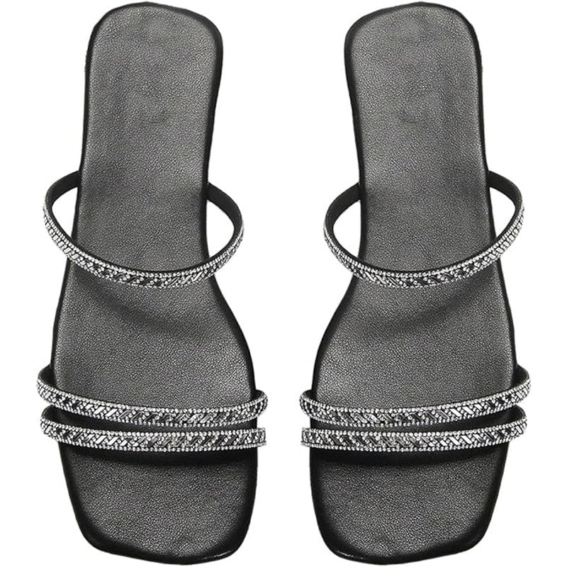 Women's Strappy Sparkling Rhinestone Decor Flats Square Toe Slide Sandal